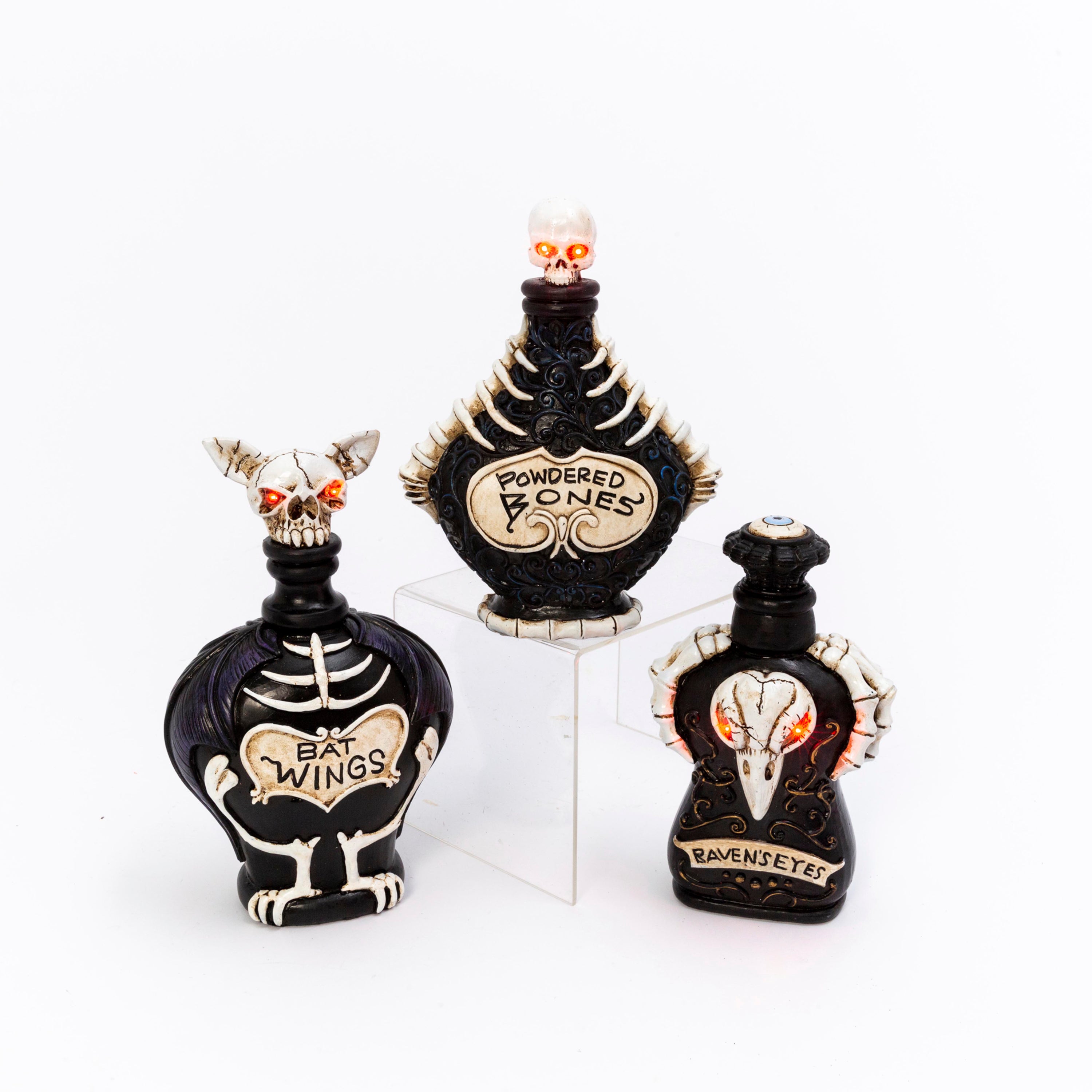Set of 3 Battery Operated lighted resin Halloween potion bottles